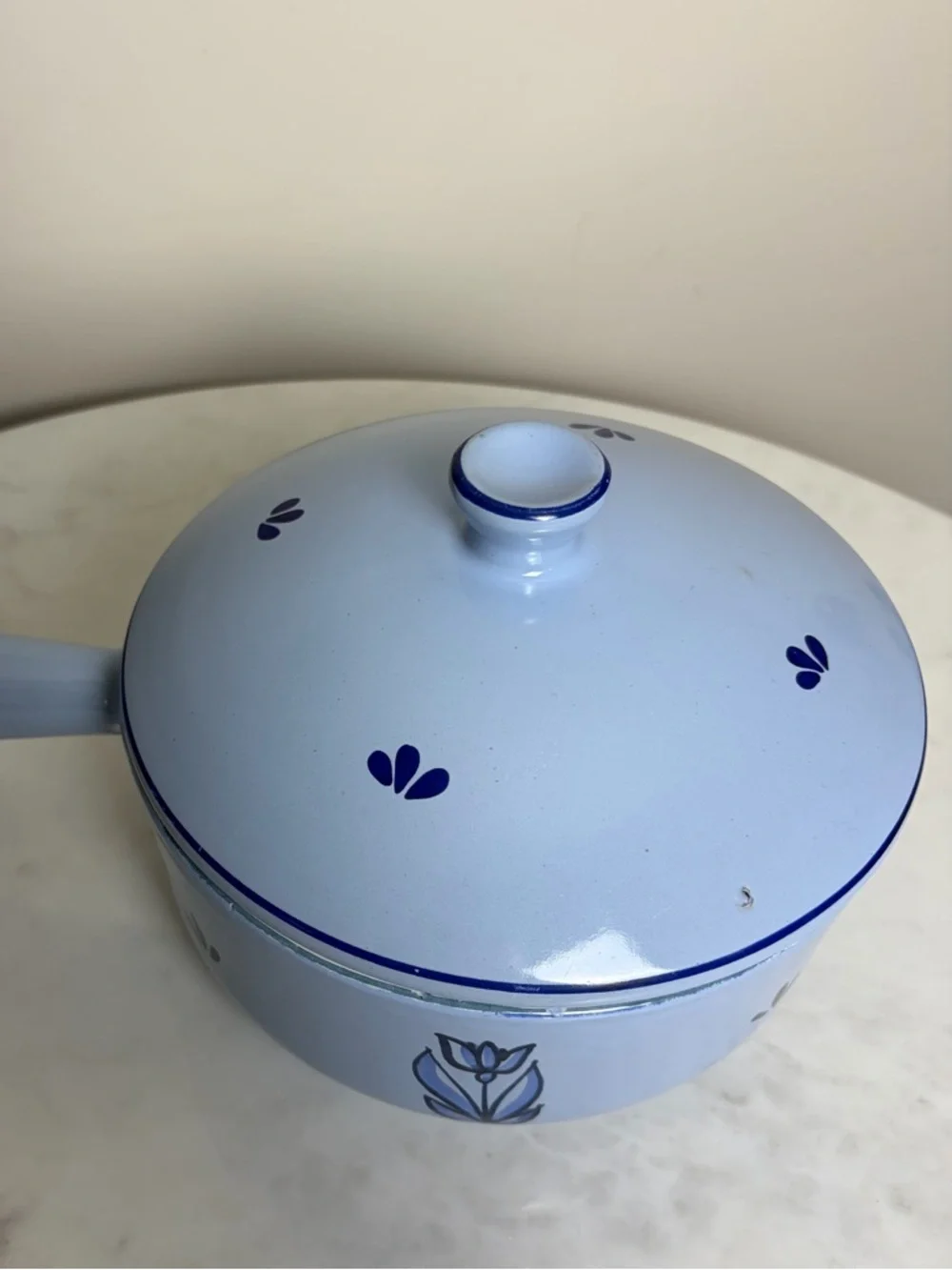 Vintage DRU Holland Blue Tulip Enamel Cast Iron Saucepan Pot Lid 4031-16 50s 6